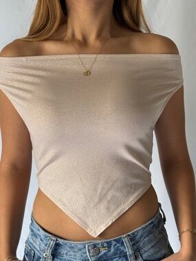 Papermoon Nude Sparkle Off-Shoulder Handkerchief Hem Crop Top